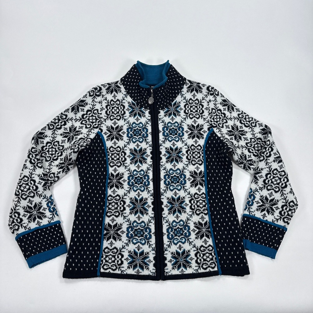 Icelandic Design Womens Sweater L Black White Fair Isle Nordic Full Zip Wool
